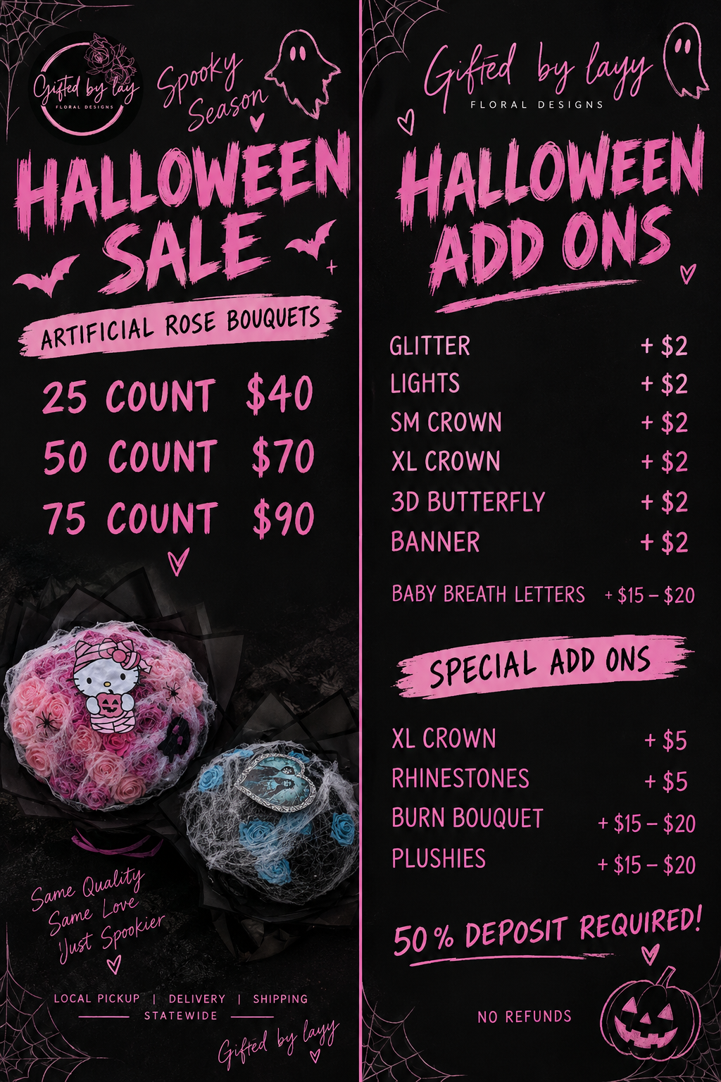 Gifted by Layy Halloween Sale flyer — artificial rose bouquets and Halloween add-ons